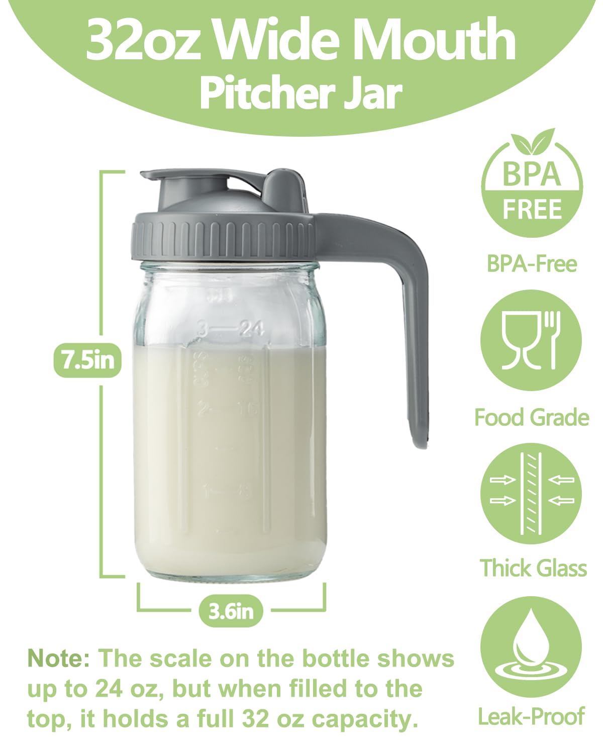 Miradexic 32oz glass pitcher lid and ergonomic handle for comfortable pouring.