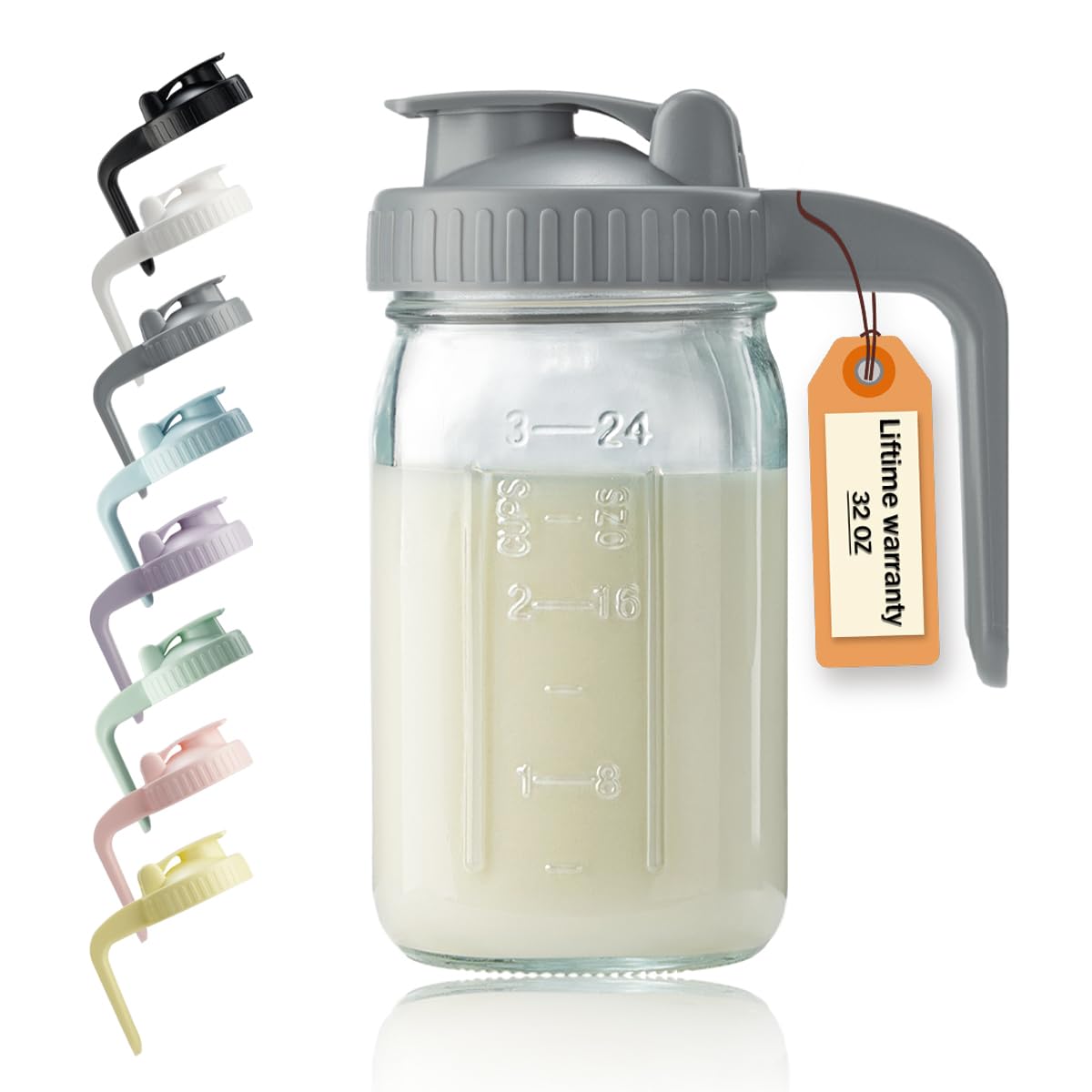 Miradexic 32oz glass pitcher with V-shaped spout for smooth pouring and precise measurements.