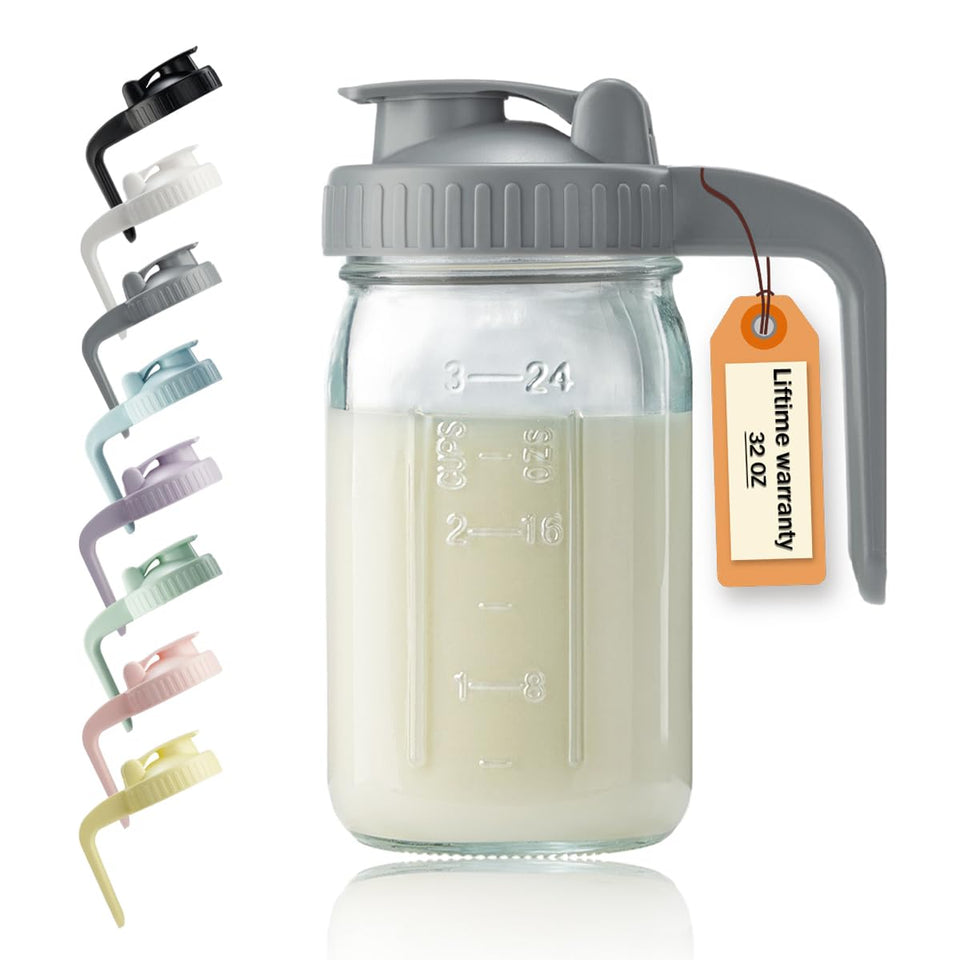 Miradexic 32oz glass pitcher with V-shaped spout for smooth pouring and precise measurements.