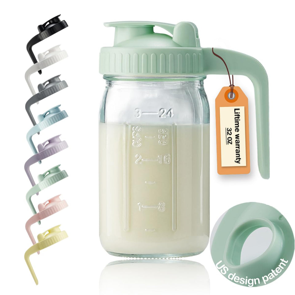 Miradexic 32oz glass pitcher with lid and spout for precise pours and fresh storage.