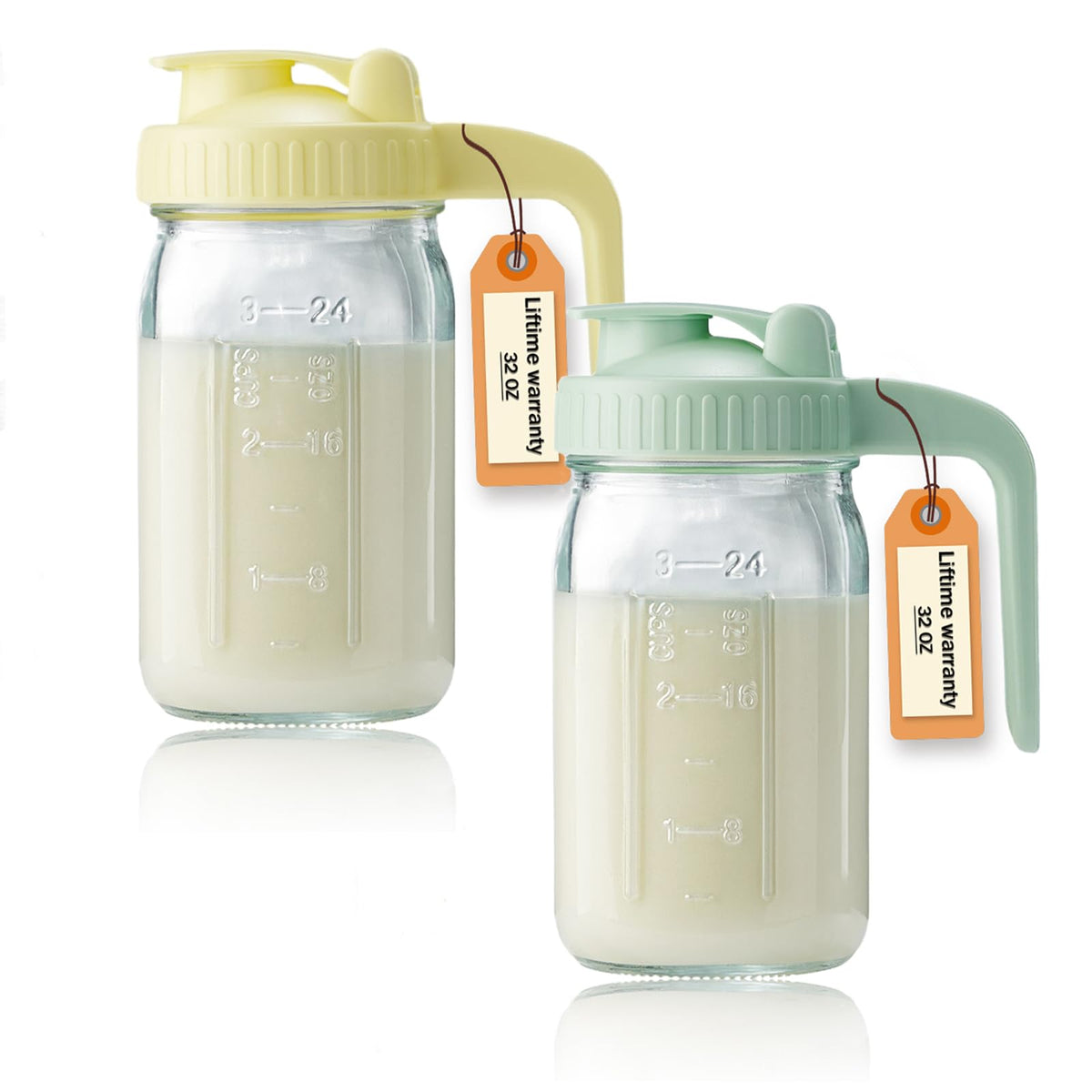 Miradexic 32oz pitcher with lid and V-shaped pour spout for mess-free pouring.