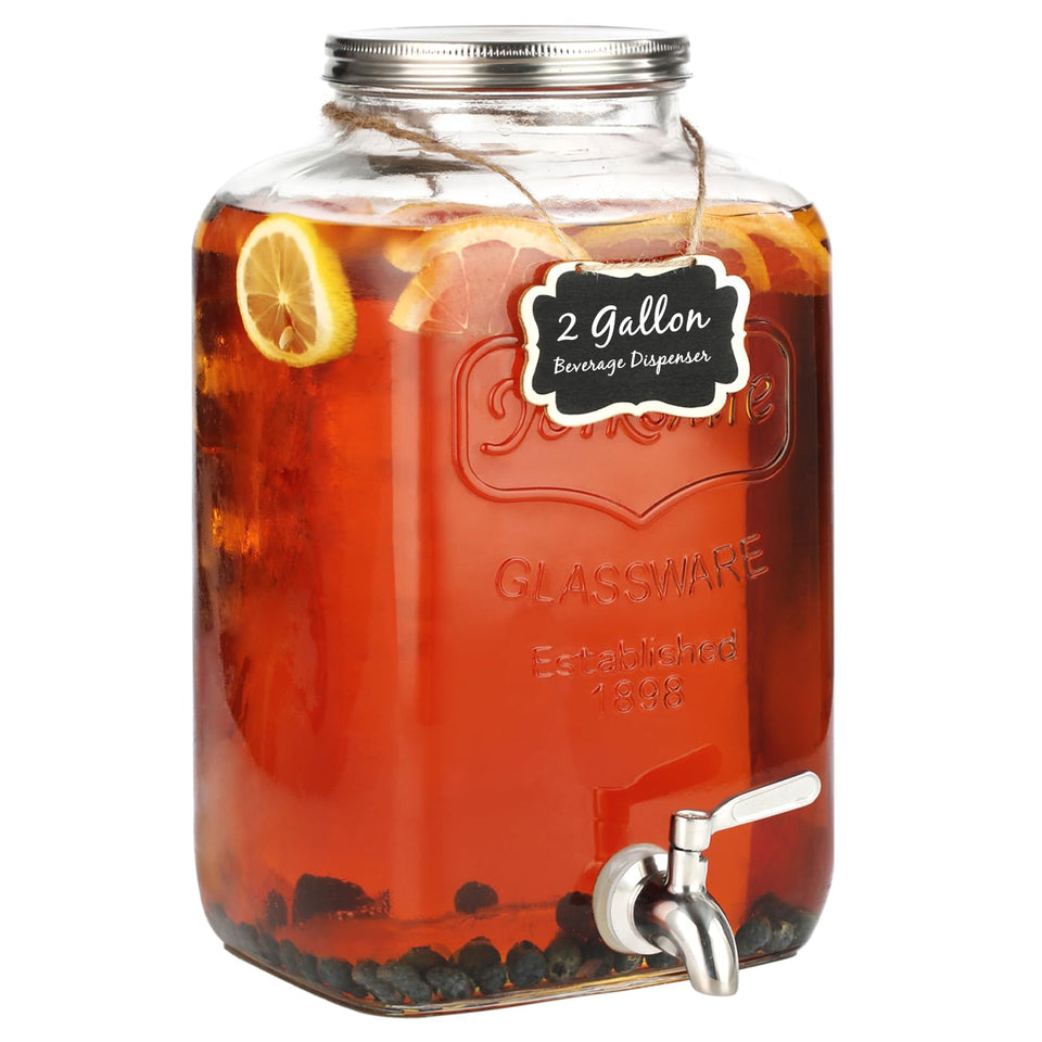 MiraEase 2-gallon glass dispenser with chalkboard label for events