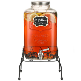 MiraEase 2-gallon glass dispenser on a stand, ideal for easy serving at parties.