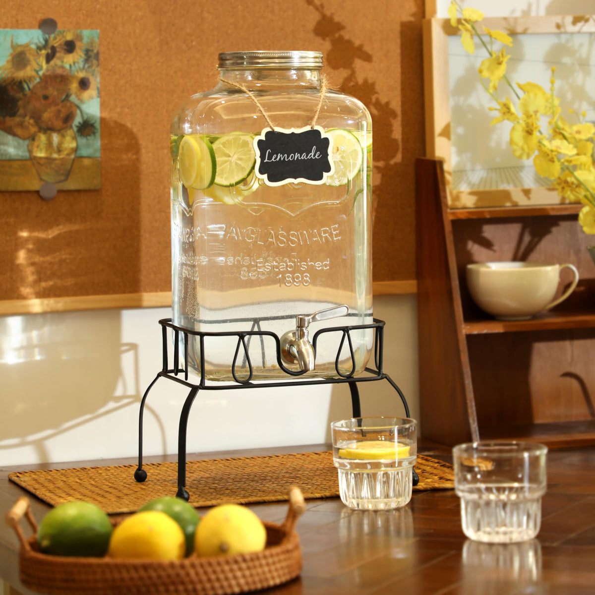 MiraEase party-table setup with dispenser and stand, convenient self-serve beverage station.