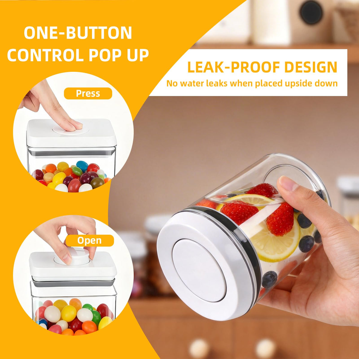 MiraFure Pop lid with push-button seal for airtight closure.