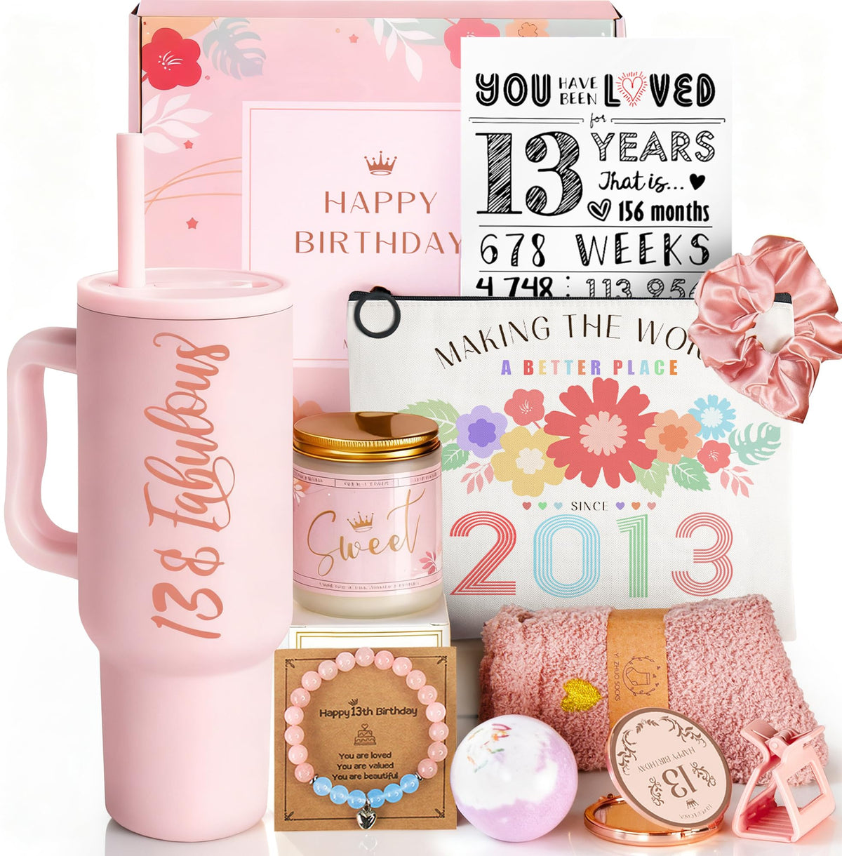 Mirasphere 13th birthday tumbler with pink design keeps drinks at the ideal temperature