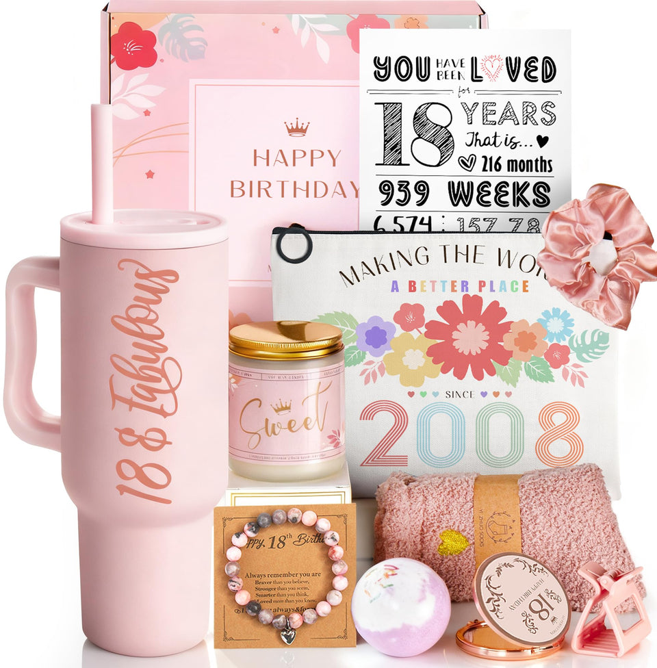 Mirasphere 18th birthday pink tumbler keeps drinks hot or cold on the go.