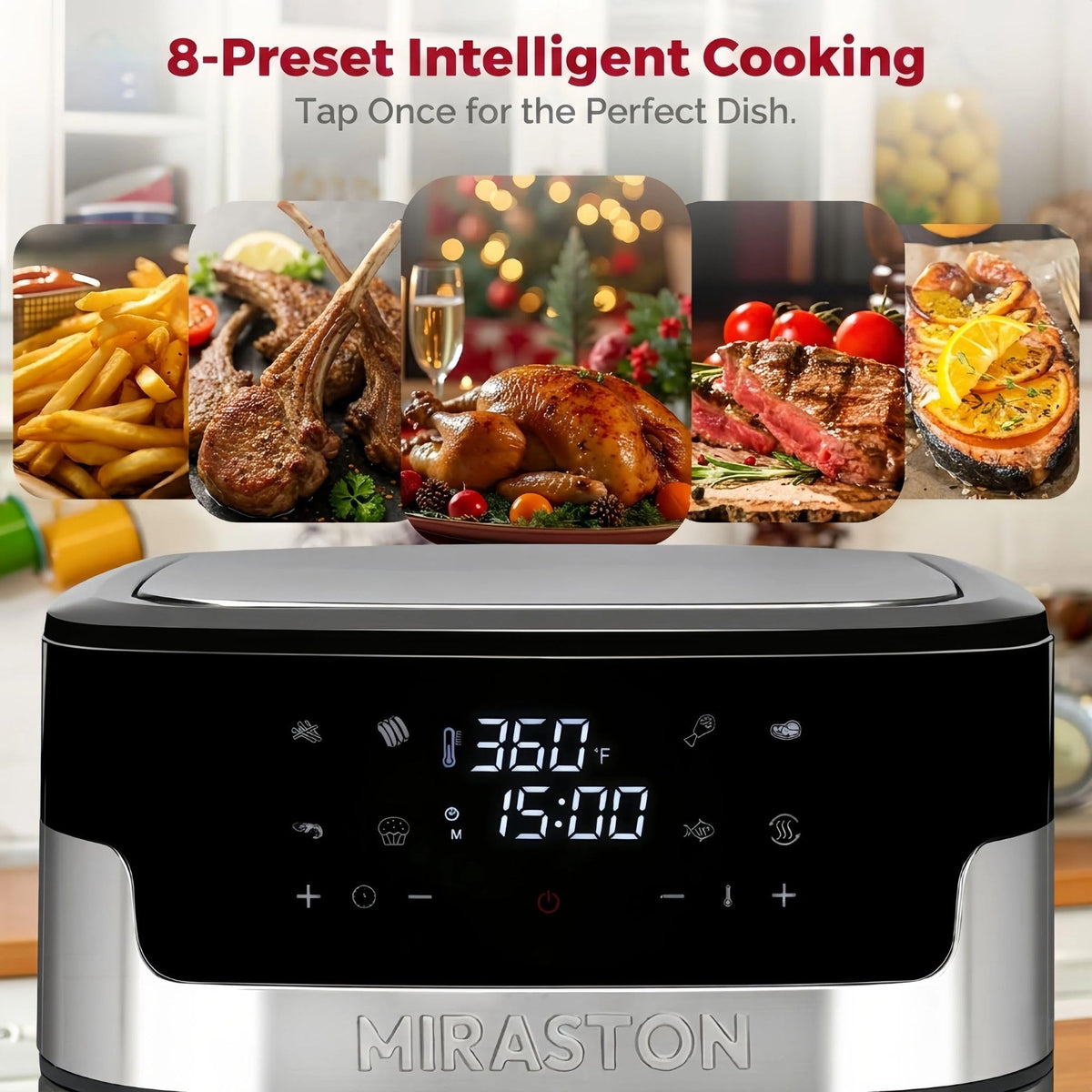 MIRASTON air fryer 8.5qt touchscreen shows eight presets for quick dinners.