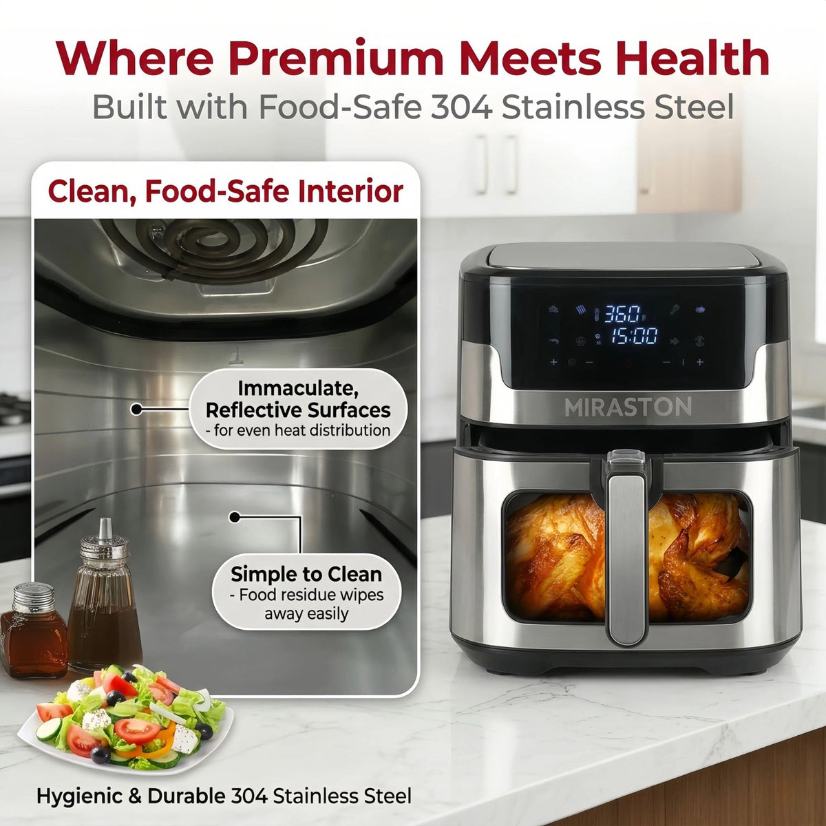 MIRASTON air fryer 8.5qt dishwasher-safe basket for easy cleanup.