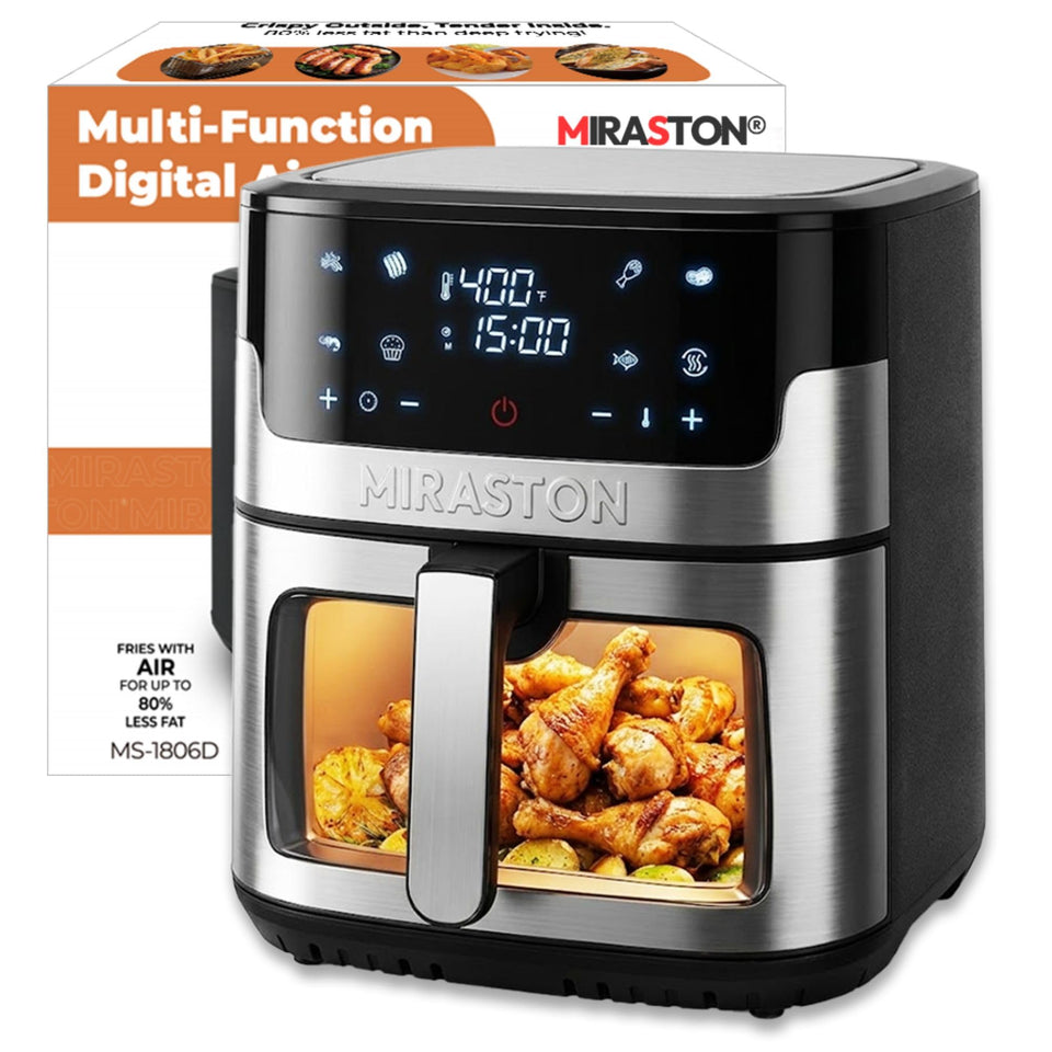 MIRASTON air fryer 8.5qt front view highlights a sleek stainless finish for family meals.
