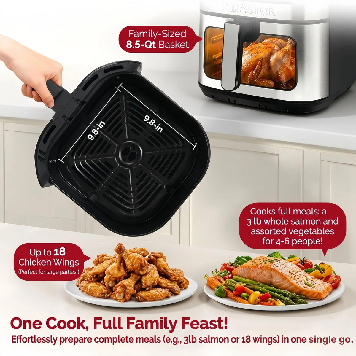 MIRASTON air fryer 8.5qt stainless steel body for durability and modern look.