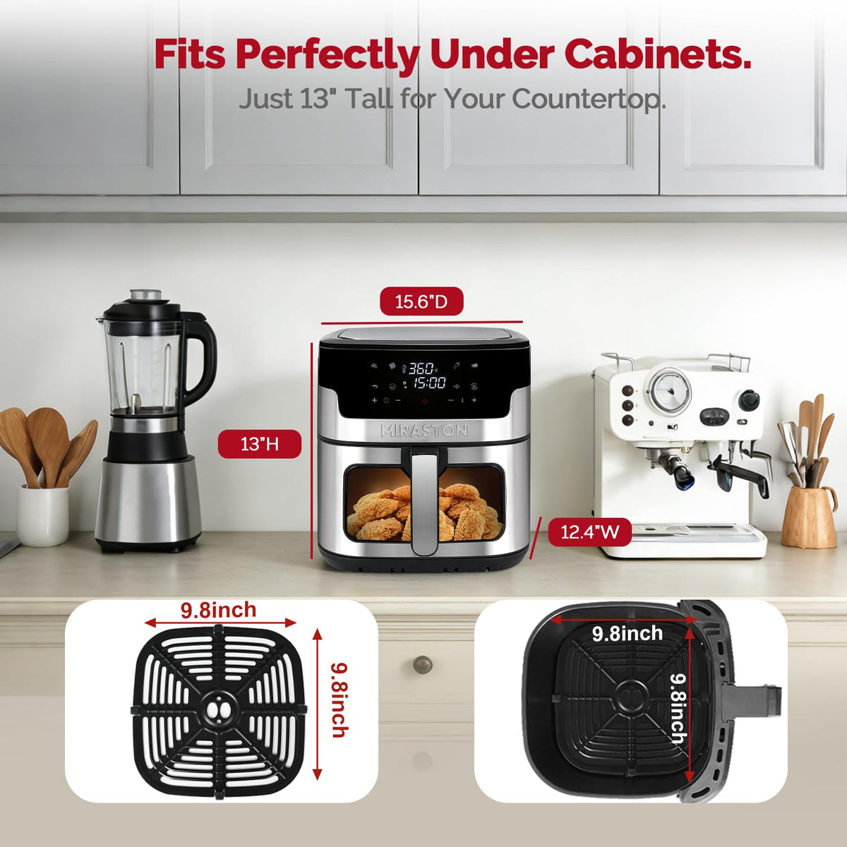 MIRASTON air fryer 8.5qt viewing window for visual monitoring during cooking.