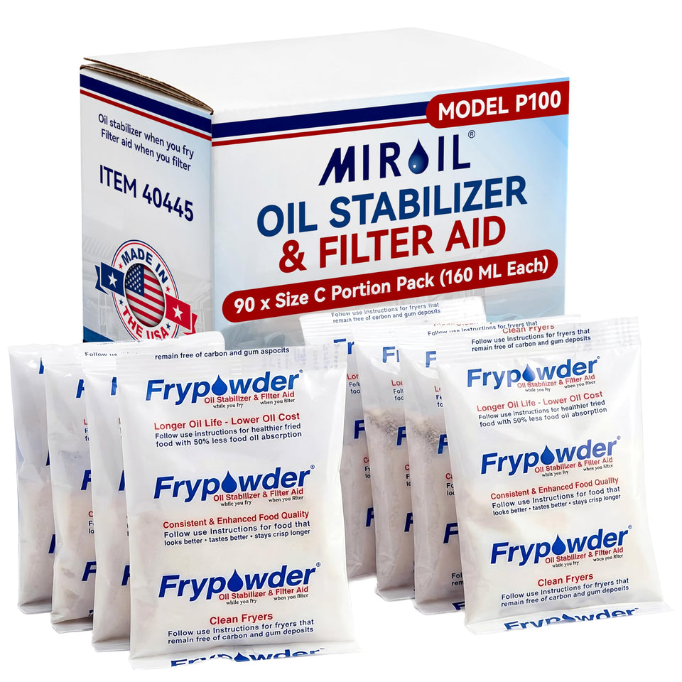 MirOil FryPowder portion sachet 90-pack keeps fryer oil fresher for busy kitchens.