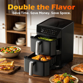 Mirtan dual basket air fryer bottom basket cooking alongside, maximizing meal prep efficiency
