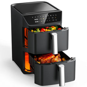 Mirtan dual basket air fryer top basket in use, preparing two dishes at once