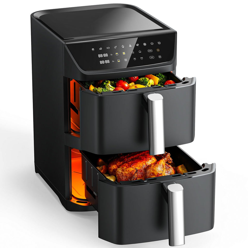 Mirtan dual basket air fryer top basket in use, preparing two dishes at once