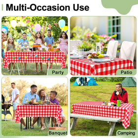 Misaya casual dinner party setup with buffalo check tablecloth.