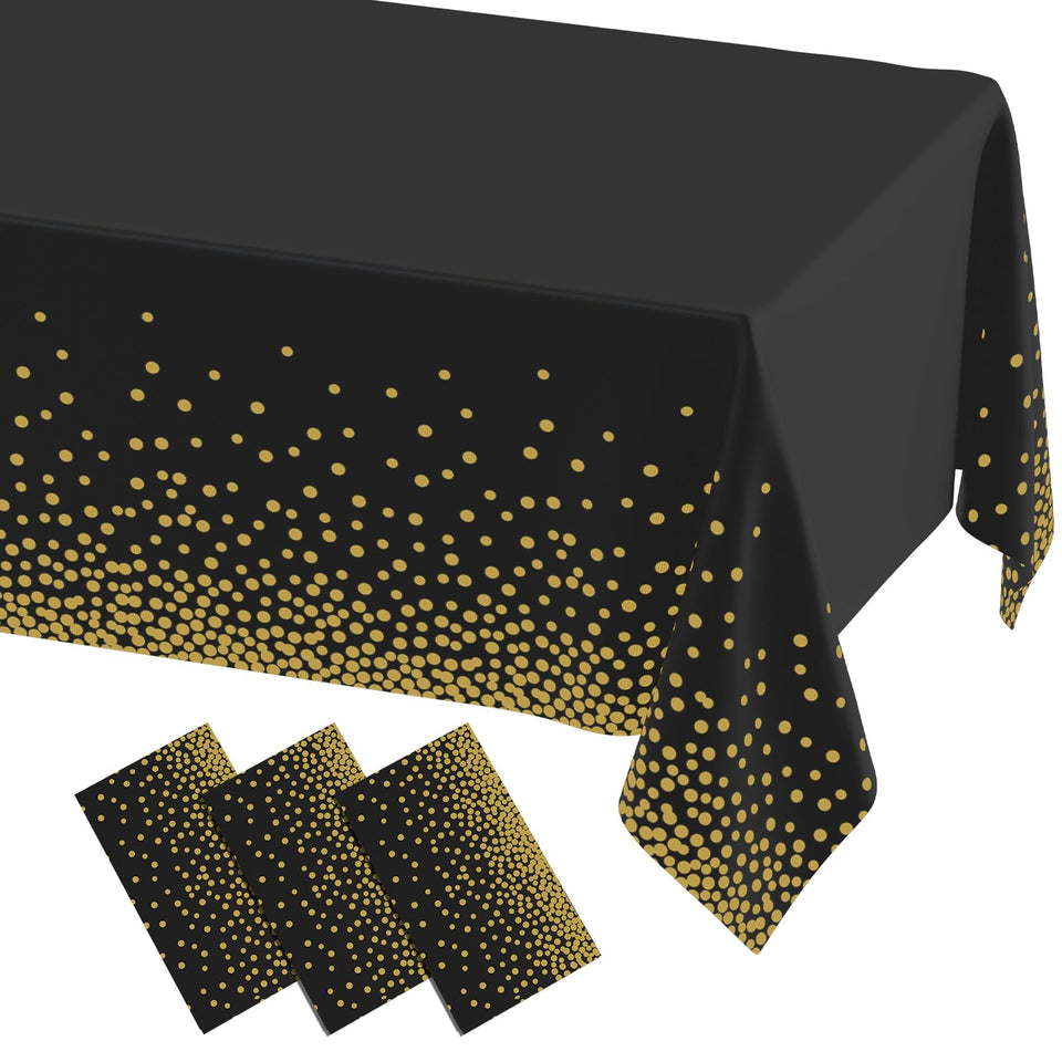 Misaya dot disposable tablecloth in black with gold dots for outdoor picnics.