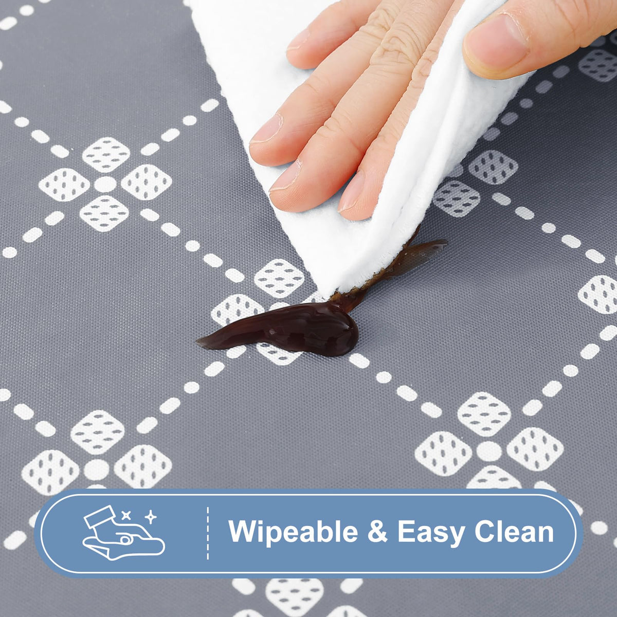 Misaya easy-to-clean tablecloth wipes clean with a damp cloth.