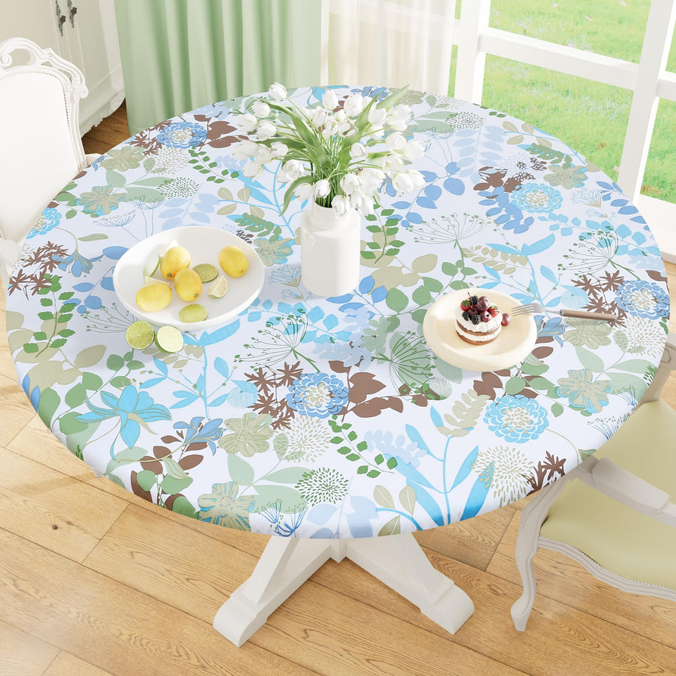Misaya elastic-edge round tablecloth with a snug fit for 36–44 inch tables.