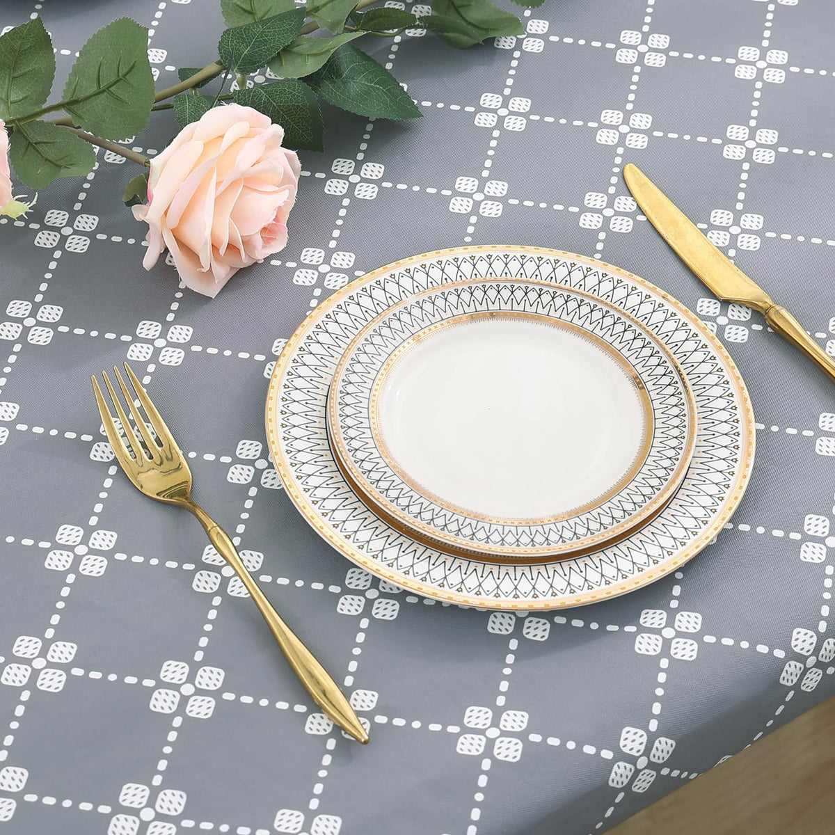 Misaya grey table cloth delivers a neat, coordinated indoor-outdoor look.