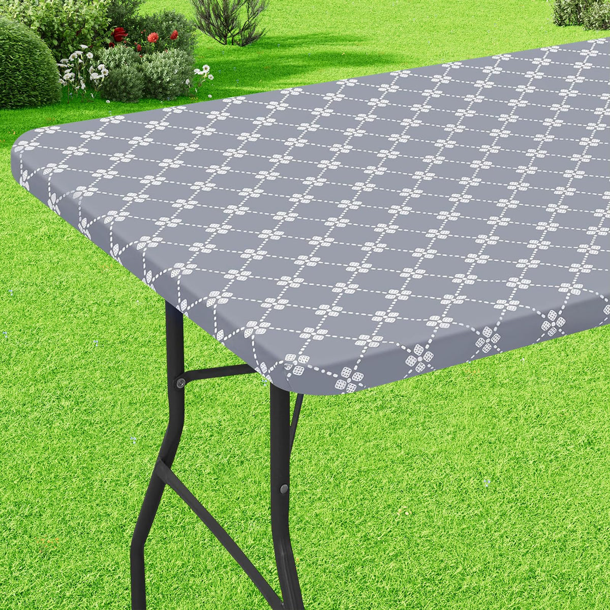 Misaya rectangle vinyl table cloth with elastic edge for a secure, slip-free 6-foot table setup.