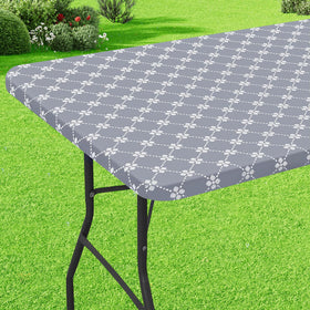Misaya rectangle vinyl table cloth with elastic edge for a secure, slip-free 6-foot table setup.