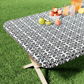 Misaya rectangle vinyl table cloth with elastic edge for a secure, non-slip fit.