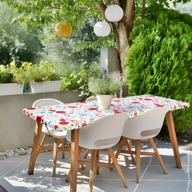 Misaya tablecloth on an outdoor picnic scene cleans easily.