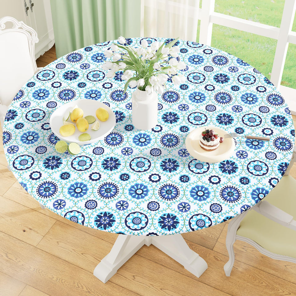 misaya round fitted tablecloth with elastic edge for a snug table fit