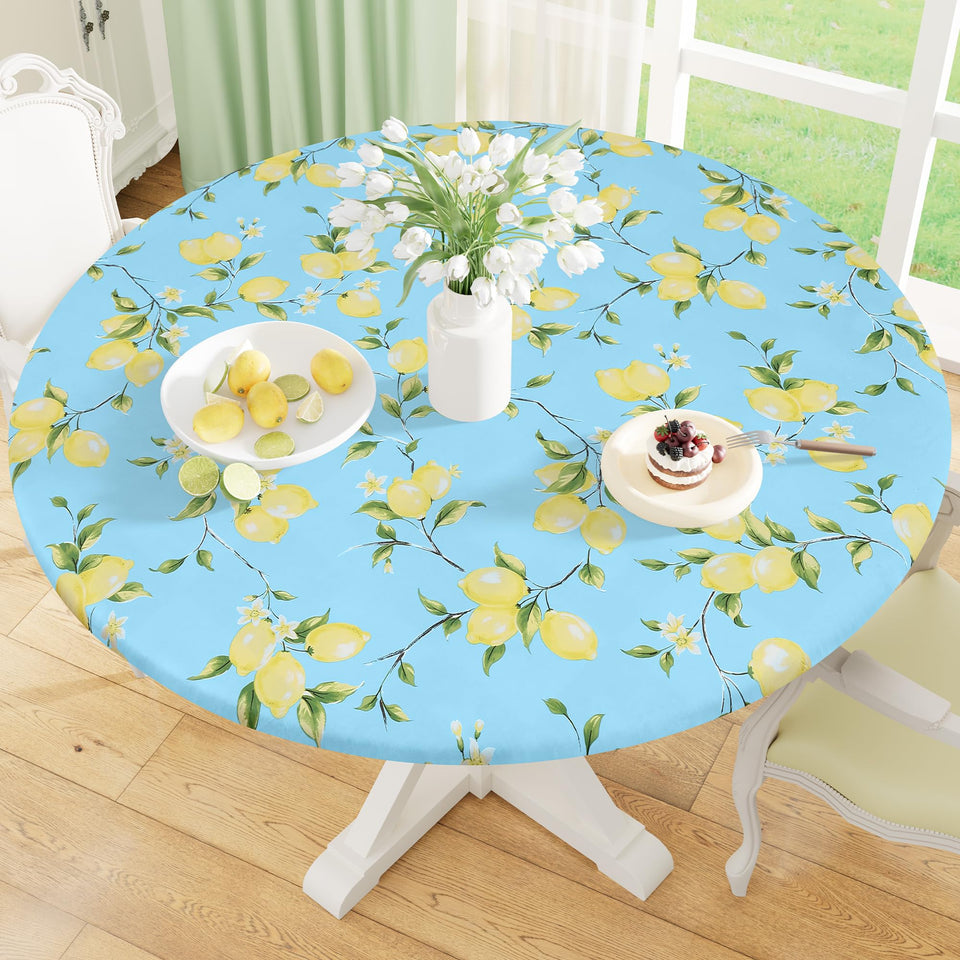 misaya round fitted tablecloth with elastic edge on a round table for windier outdoor use