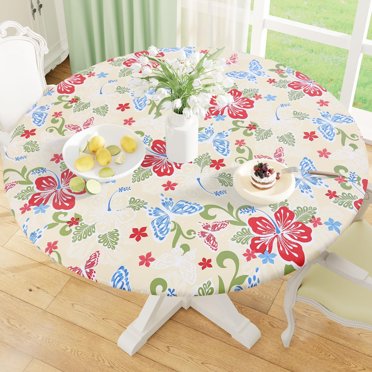 Misaya round fitted tablecloth with elastic edge provides a secure indoor fit.
