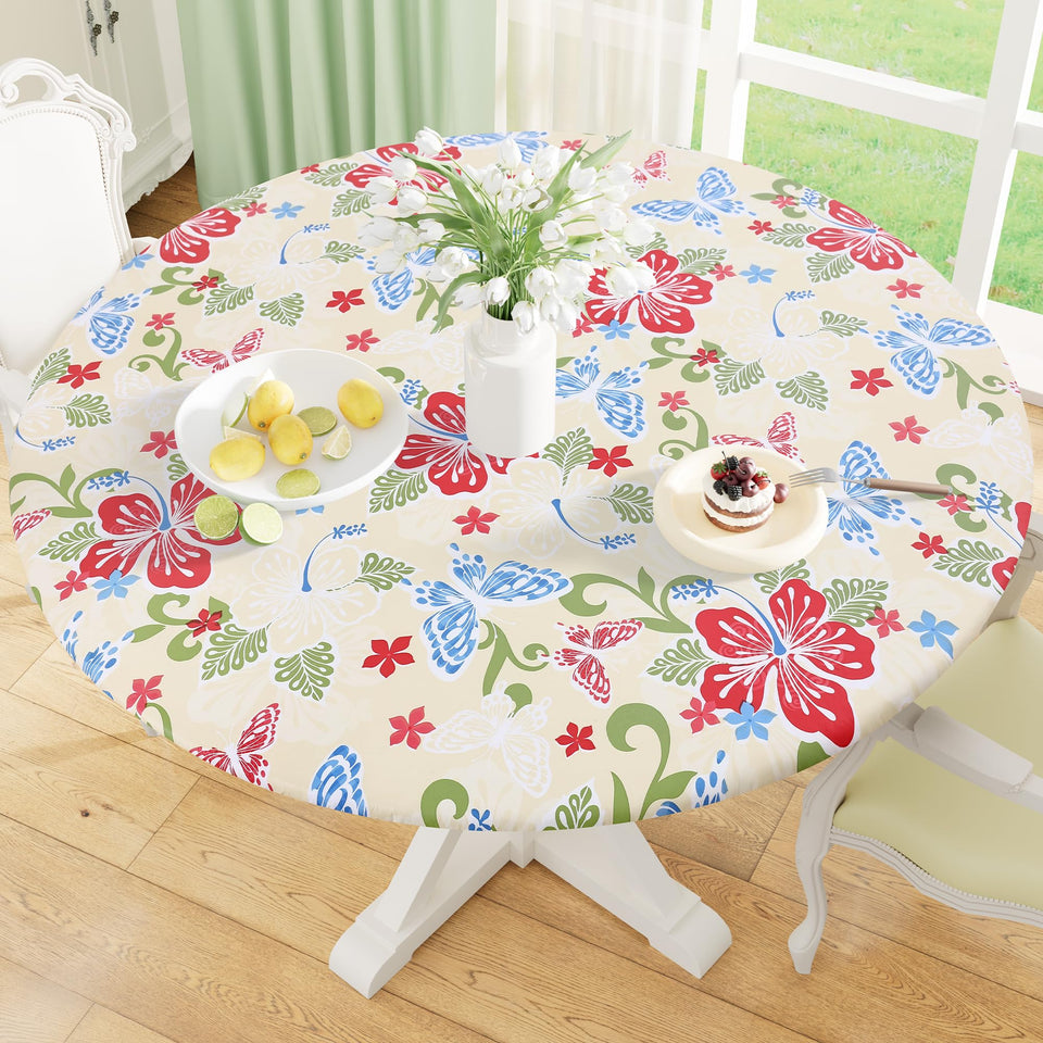 Misaya round fitted tablecloth with elastic edge provides a secure indoor fit.