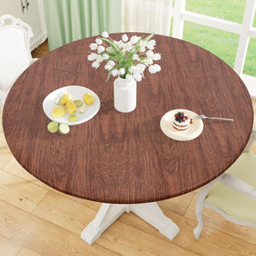 Misaya round tablecloth with elastic edge provides a snug fit for stable outdoor dining.