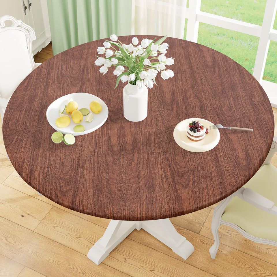 Misaya round tablecloth with elastic edge provides a snug fit for stable outdoor dining.