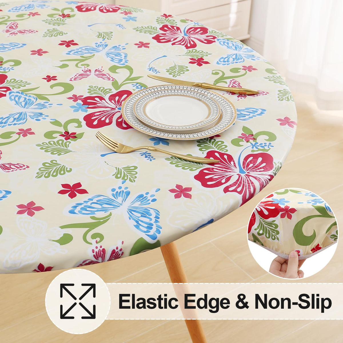 Misaya waterproof vinyl top protects round tables from spills.
