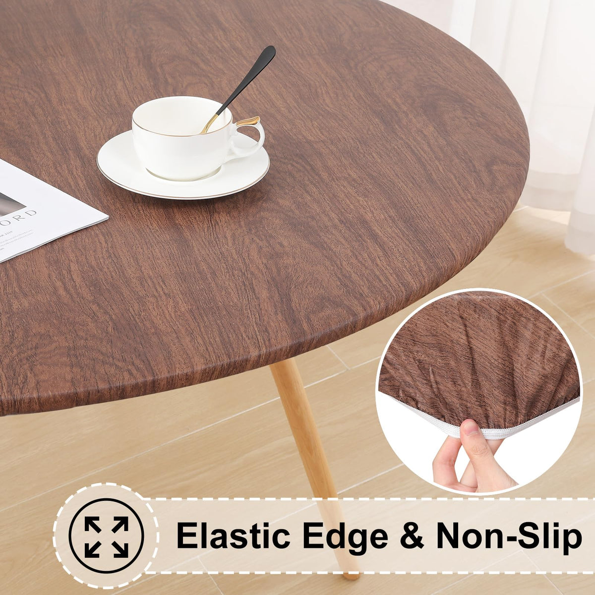 Misaya waterproof tablecloth showing vinyl layer protecting against spills.