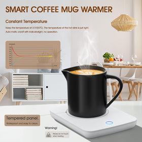 Misby Mug Warmer with glass top; easy cleaning and safe heat on the desk.