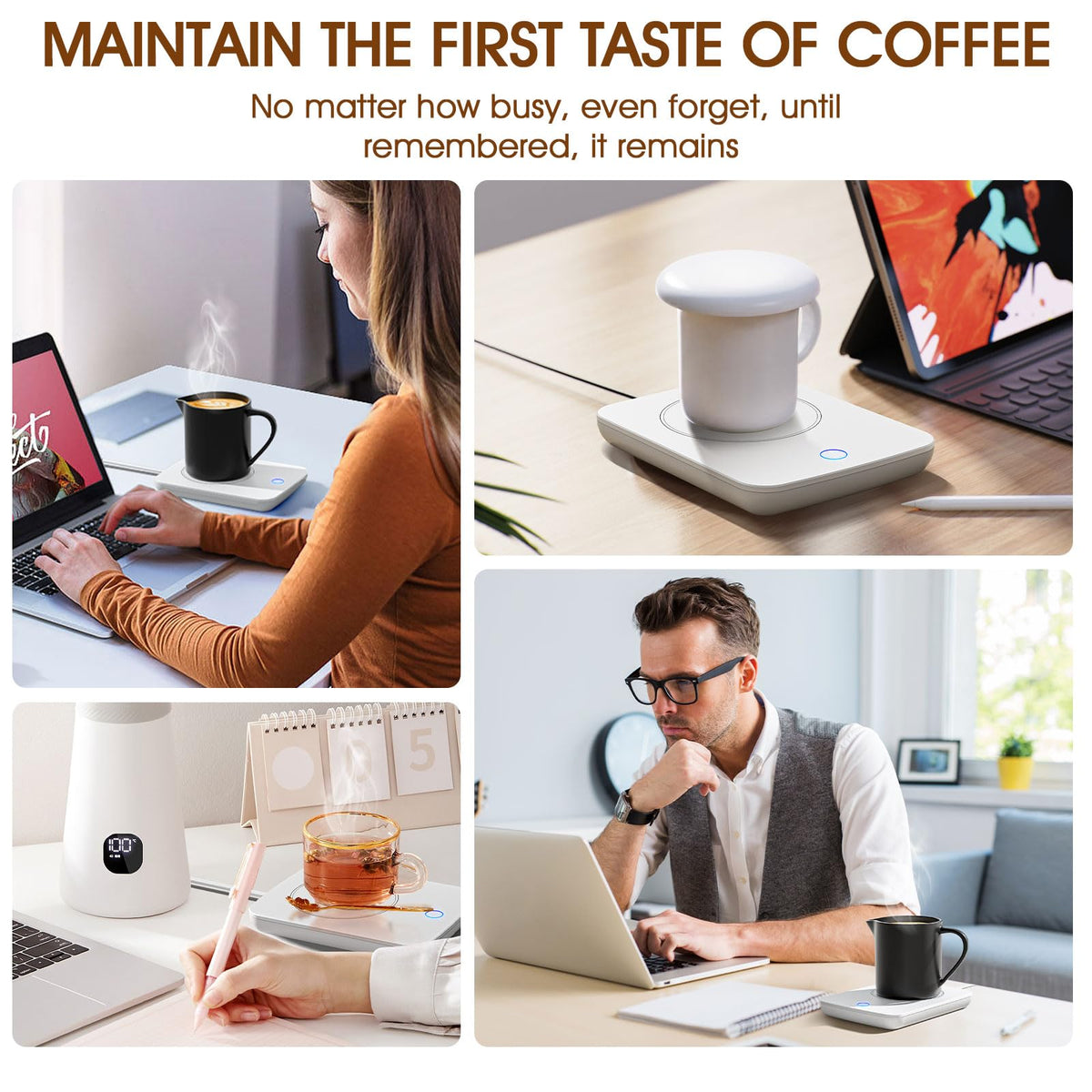 Misby Mug Warmer works with stainless steel and glass cups for versatility.