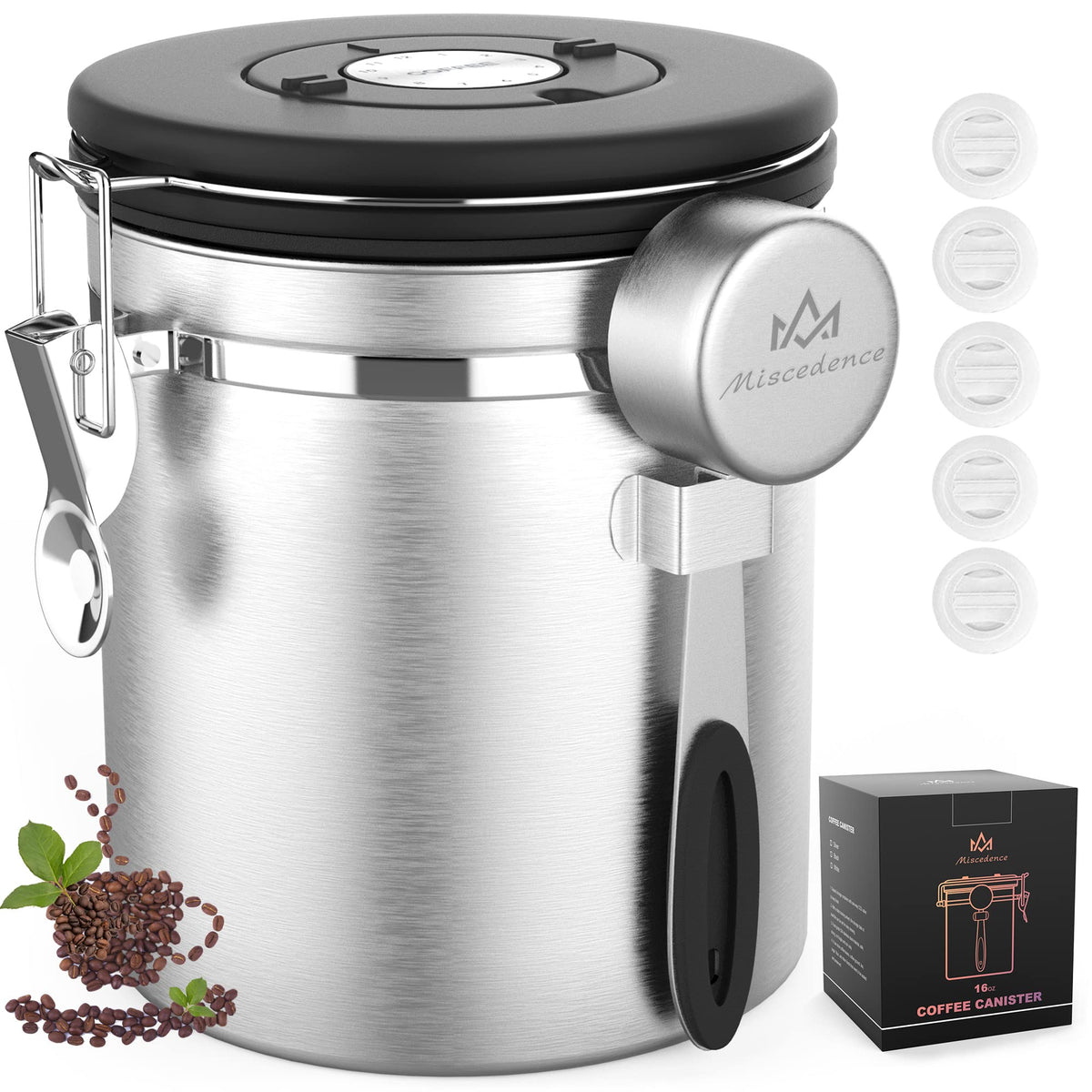Miscedence coffee canister in silver with 16oz capacity and airtight seal.