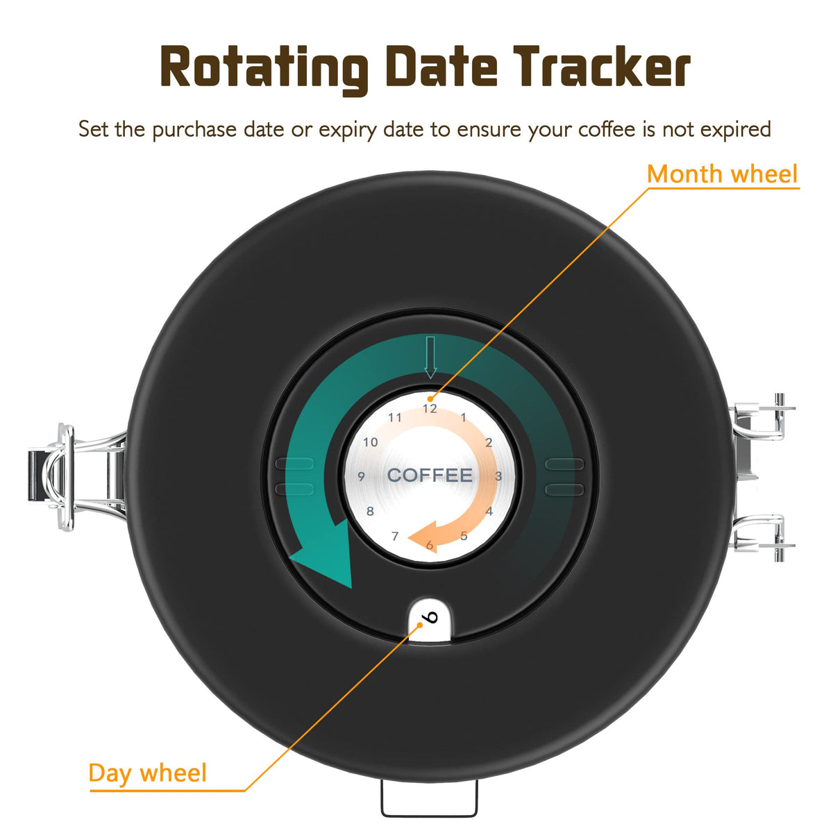 Miscedence date-tracker wheel shown for storage time at a glance.