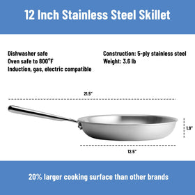 Misen 5-Ply 12-inch frying pan wide cooking surface accommodates multiple ingredients
