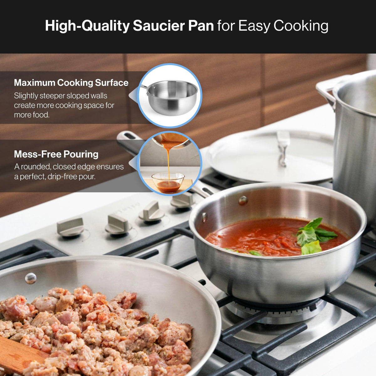 Misen 5-Ply Sauce Pan with thick bottom provides steady heat.