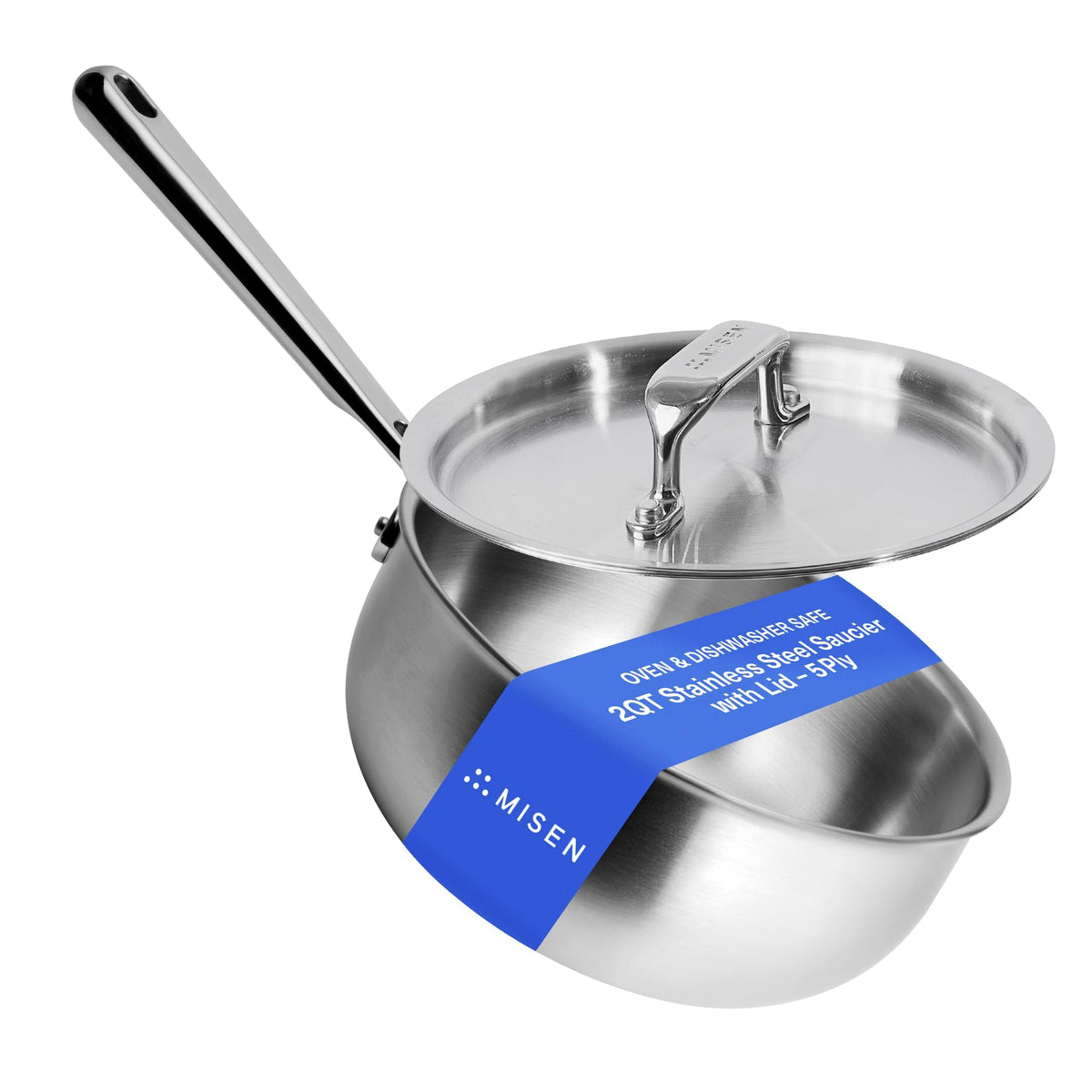 Misen 5-ply saucier with curved sides for smooth stirring and even heat.