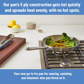 Misen 5-Ply pan interior shows even heat distribution for sautéing and deglazing.