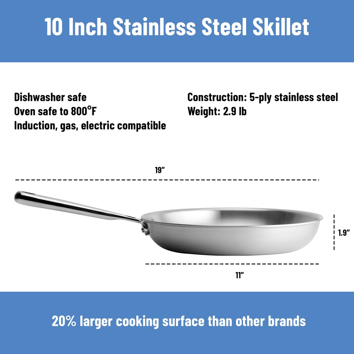 Misen 5-Ply 10-inch pan wide cooking surface provides space for multiple ingredients.