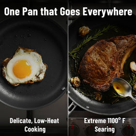 Misen Carbon Nonstick Skillet oven-safe up to 1100°F and grill-capable.