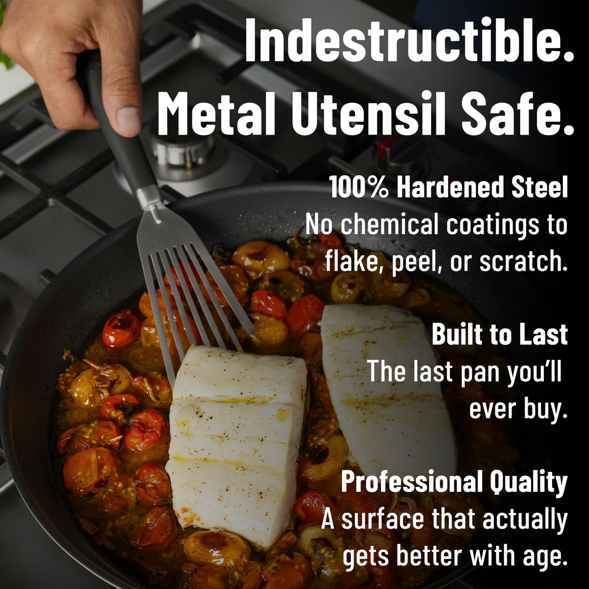 Misen Carbon Nonstick Skillet sizzling steak demonstrating high-heat performance.