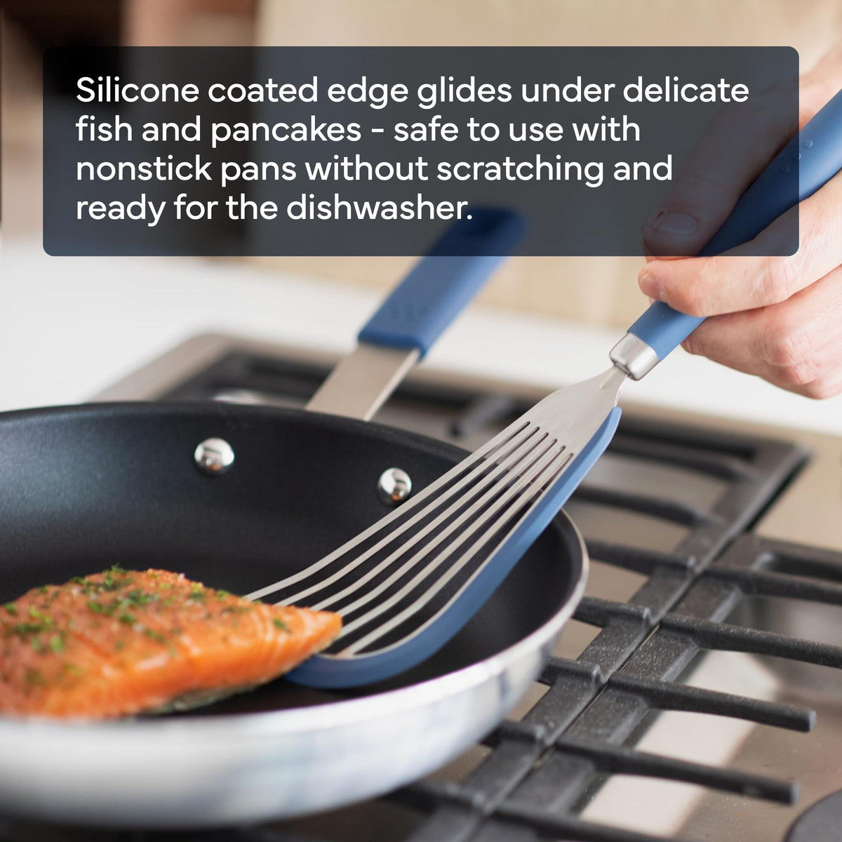Fish fillet flip using Misen spatula with slotted surface