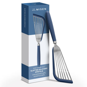 Misen fish spatula slotted turner in use for easy flipping of delicate foods